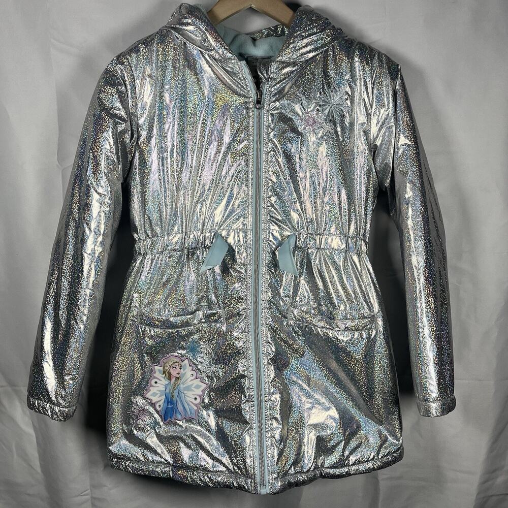 Disney Frozen girls coat size 9/10 silver blue Elsa winter hooded casual zip